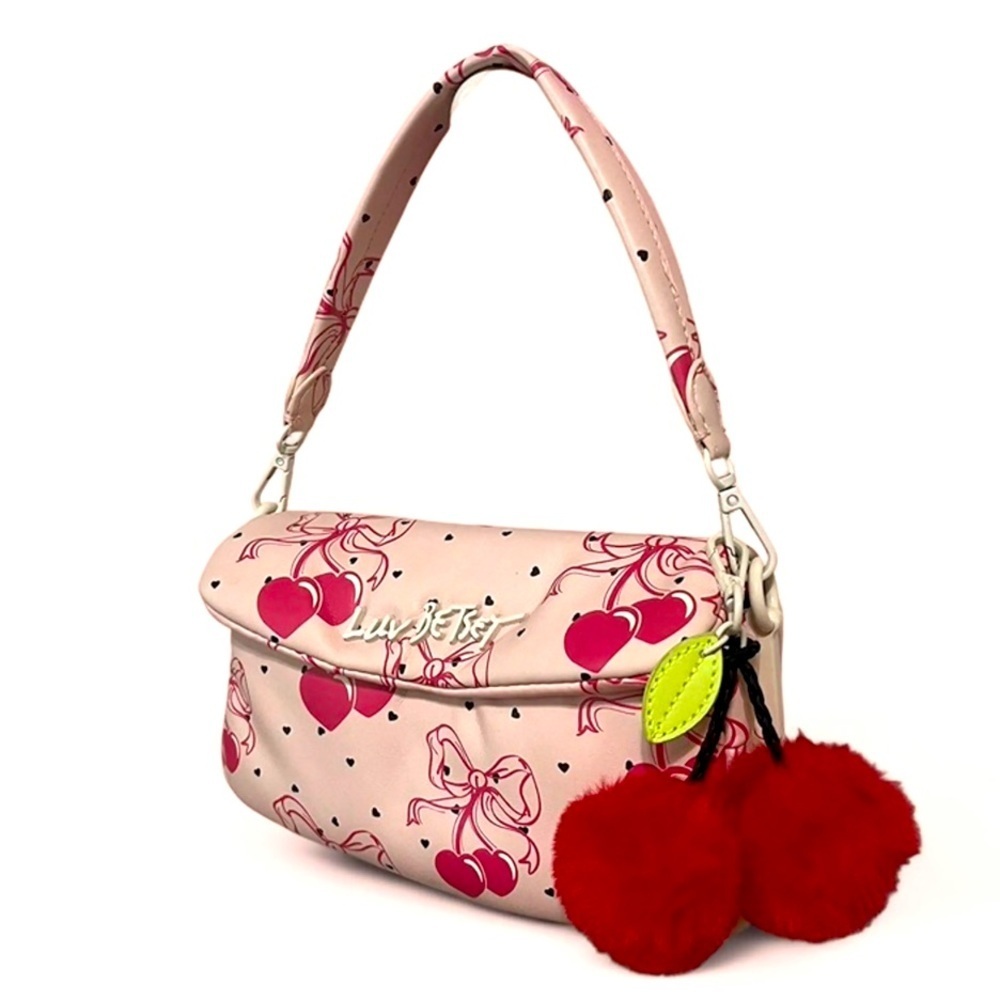 Betsey Johnson Cherry Berry Bow Pom
Top Handle Satchel Bag Crossbody Puffer